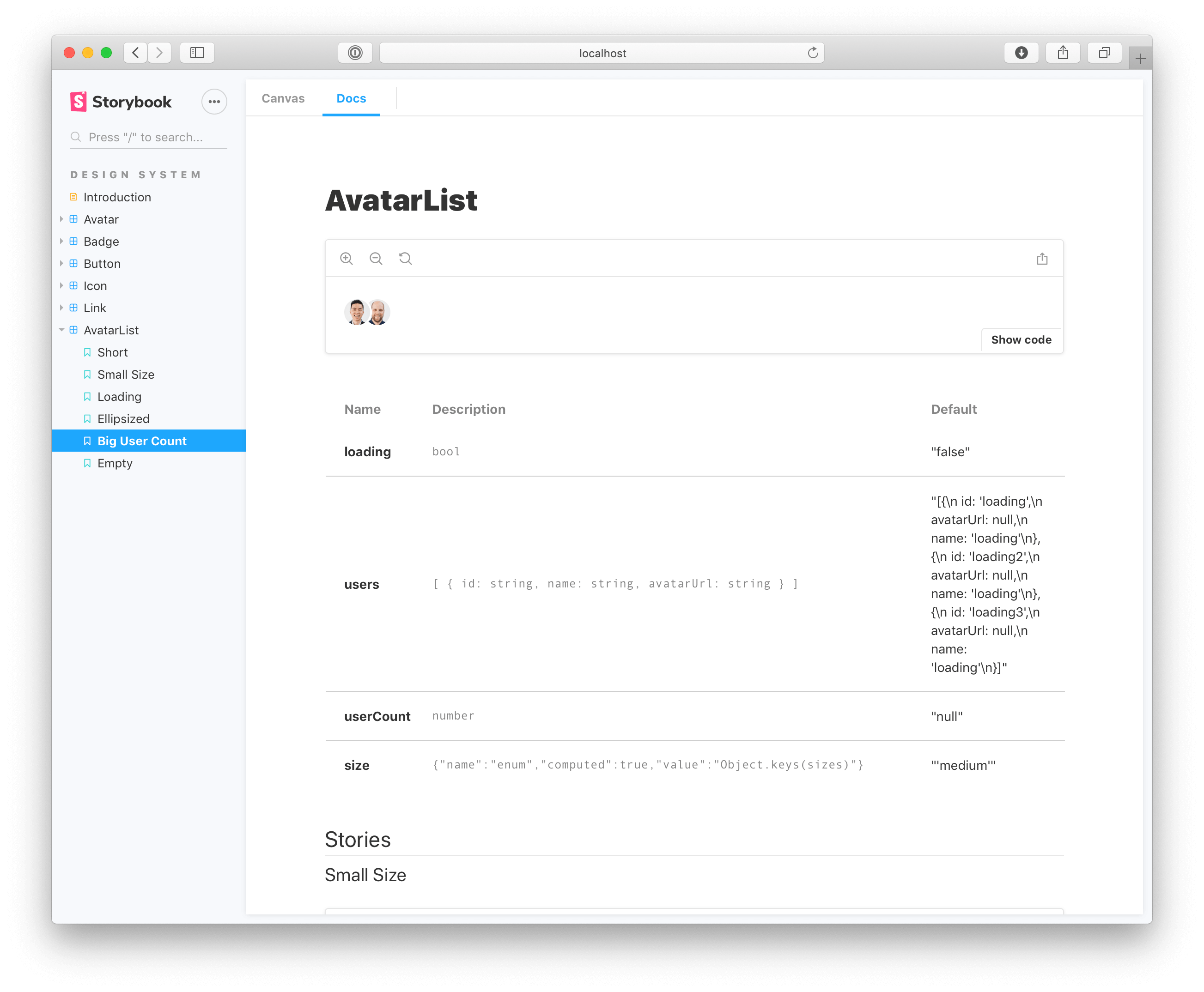 Storybook docs with minimal AvatarList info